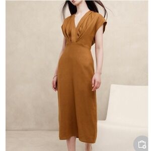 Banana Republic SS Vneck Pleat Front Midi Dress 100% Linen Brown 446199 Size 12